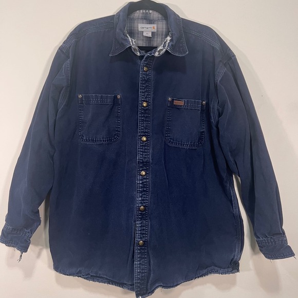 Carhartt Other - Vintage Carhartt Flannel Lined Work Shirt Jacket Navy Blue XL Distressed
